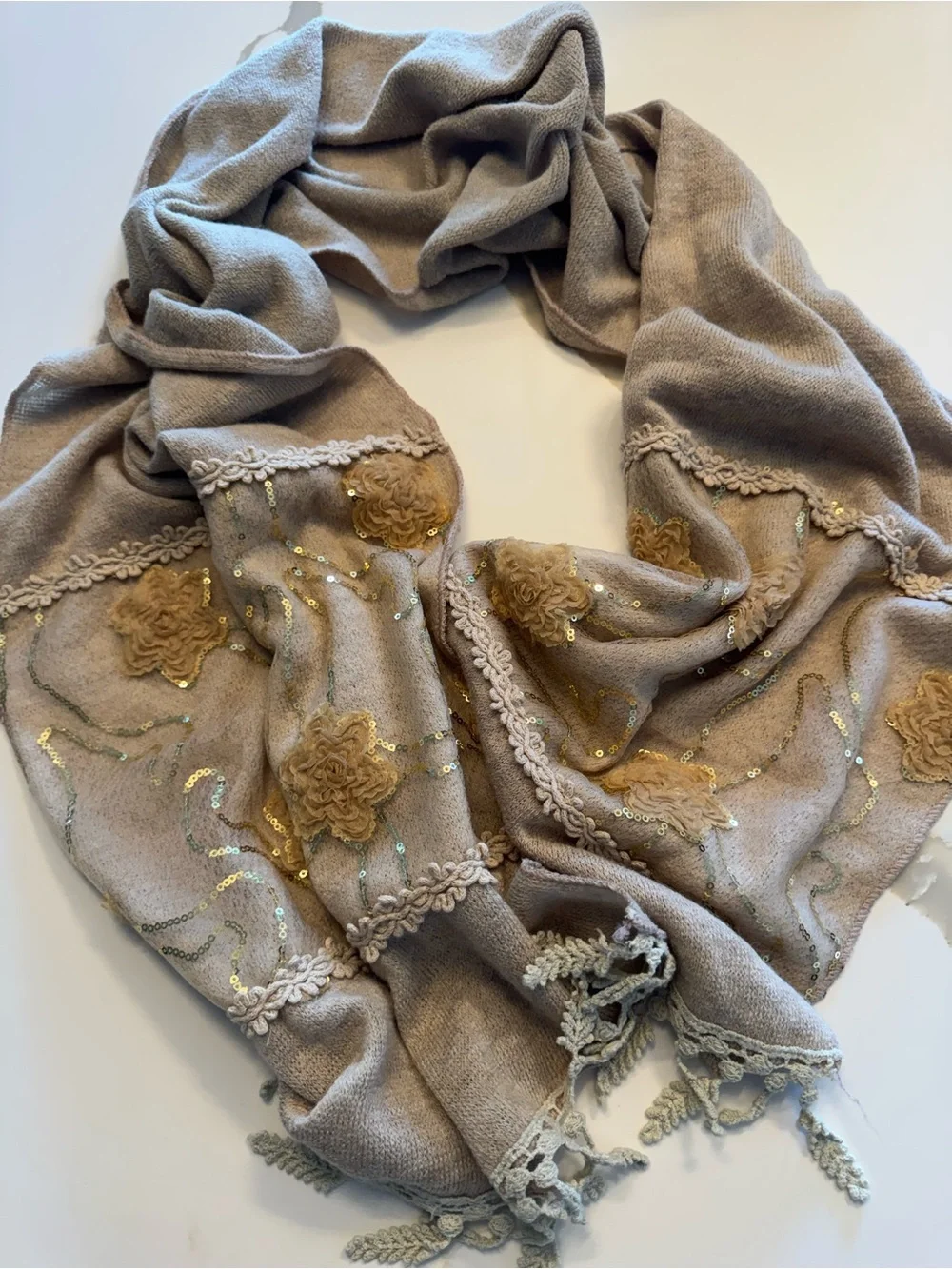 cabi Audrey Scarf Vintage Taupe Beige Sequin Gold Floral Knit Wrap Fringe
